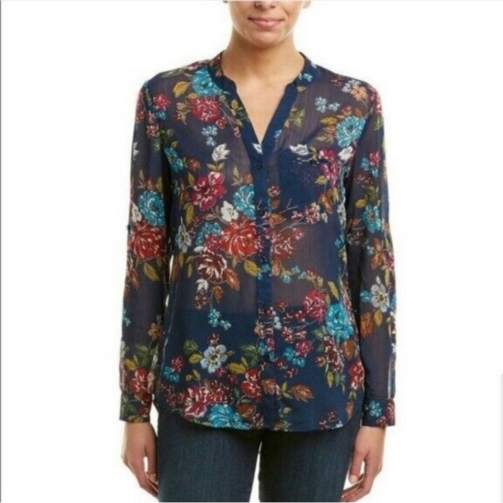 Kut from the Kloth Floral Blue Long Roll Tab Sleeve Sheer Button Down Size L
